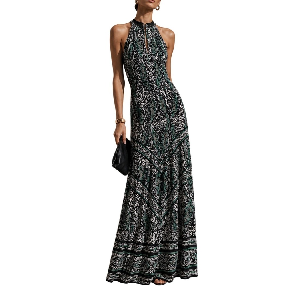 White House Black Market Boho Green Black White Medallion‎ Halter Maxi Dress XS